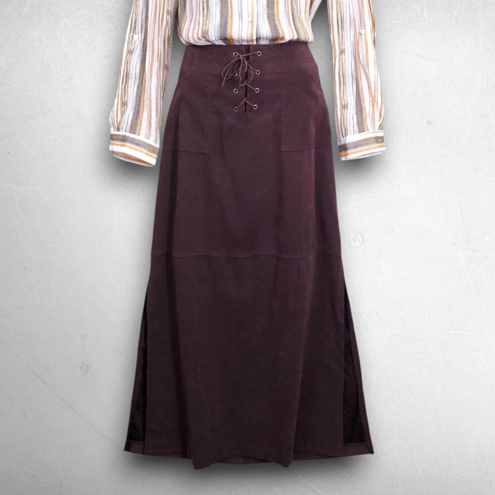 Exact Change Maxi Skirt Women Jr 7 Brown Lace Up Front Back Zip Pockets VTG